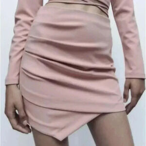 Zara Light Blush Pink Ruched Bodycon Fitted Mini Skirt Size XL